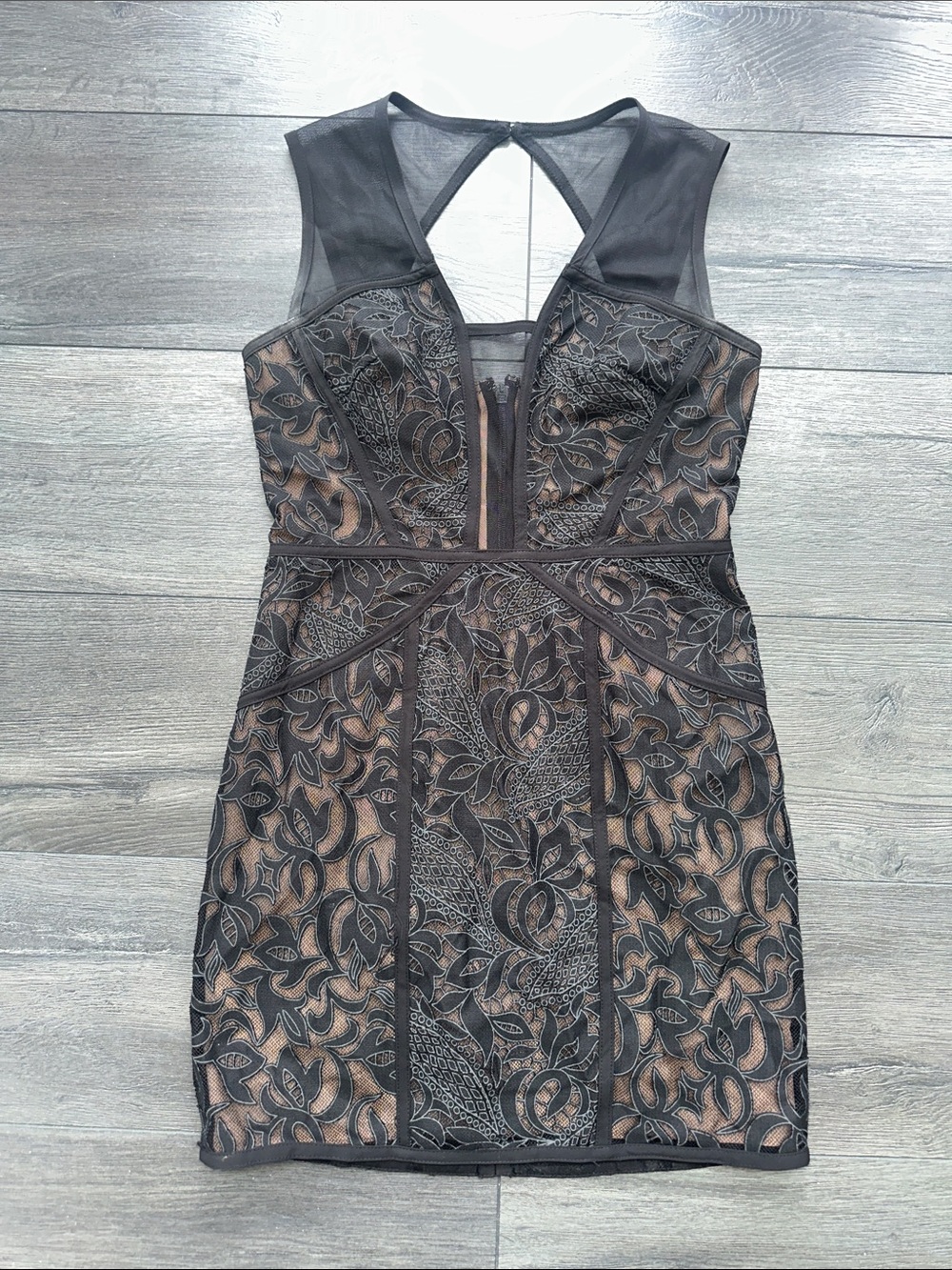 BCBGMaxAzria Black Lace Mini Dress with Nude Lining